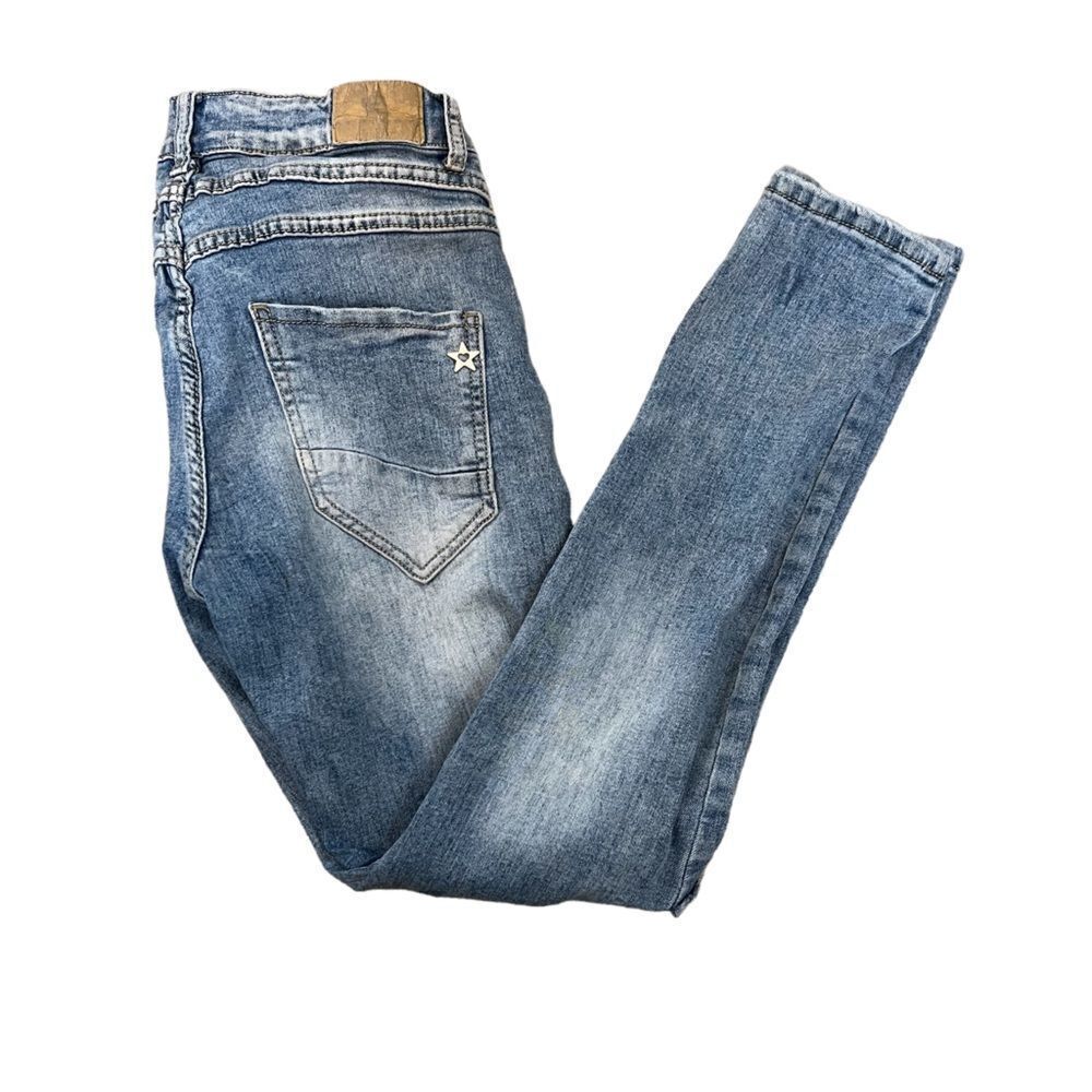 Stonewash Distressed Button Fly Skinny Leg Stretch Denim Jean S